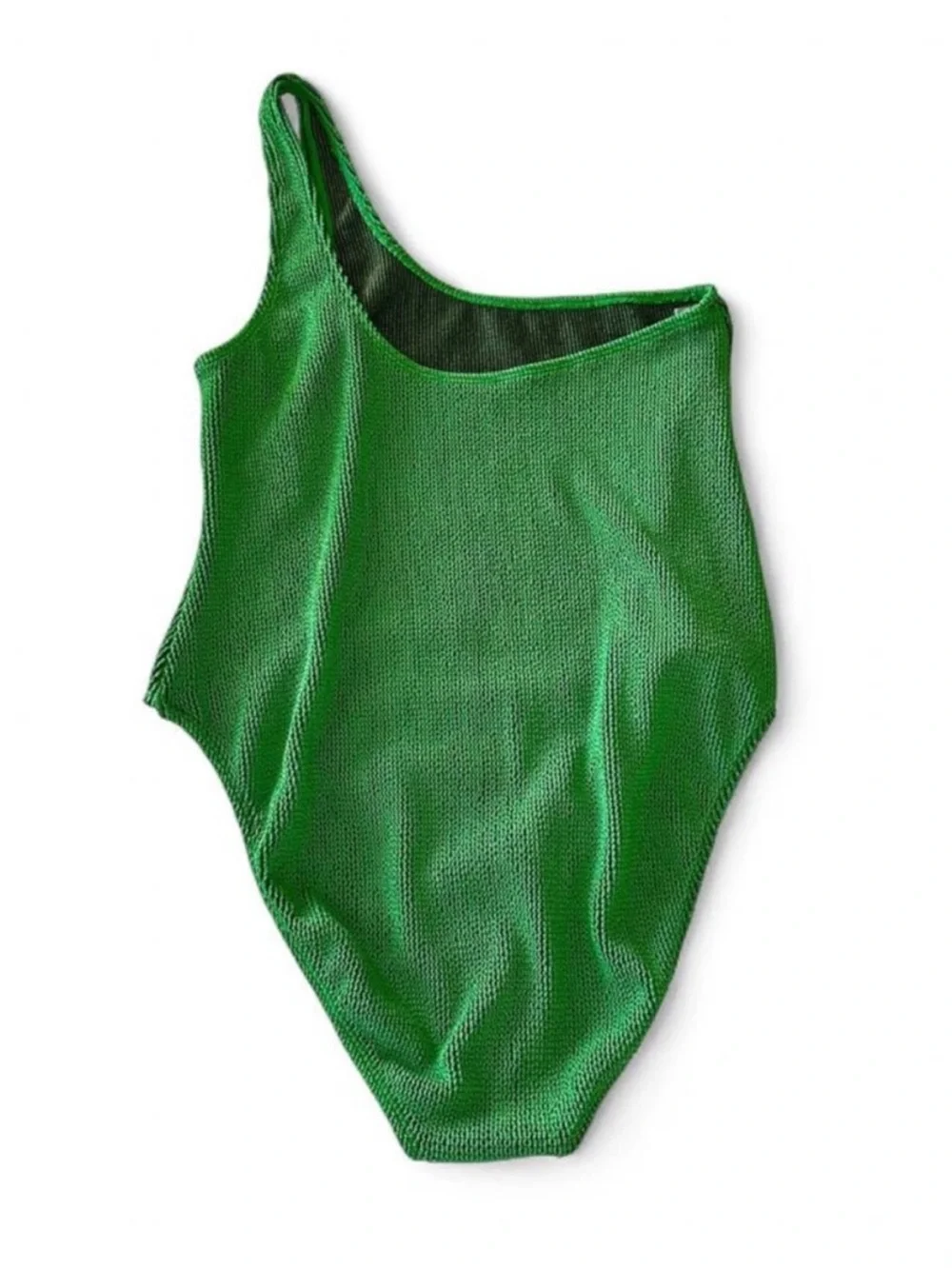 GOOD AMERICAN Always Fits Green Metallic One Shoulder Bodysuit / Swimsuit Ribbed - Picture 3 of 7